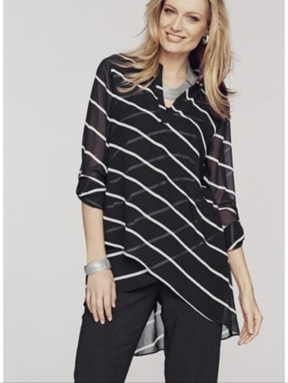 Chico's Black and White Diagonal Stripe Sheer Tunic